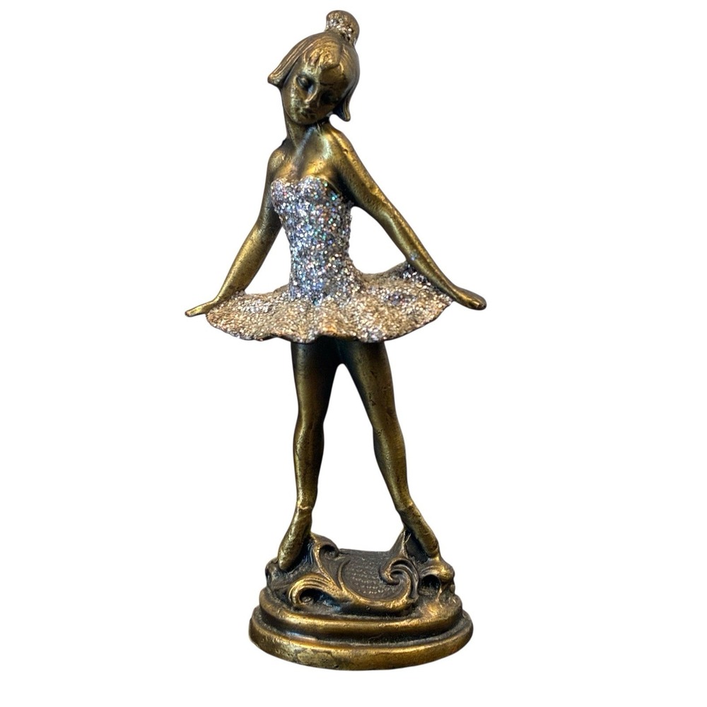 Vintage Ballerina Glitter Figurine Cast Metal Brass Tone Finish Ballet Dancer